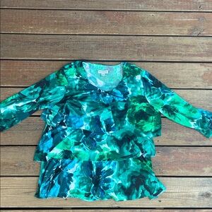 Susan Graver Vibrant  Tiered Green Floral Blouse